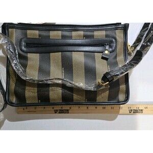 Vintage NOS NWT Allan Edward Purse Bag Genuine Leather Trim Black Gold Stripe
